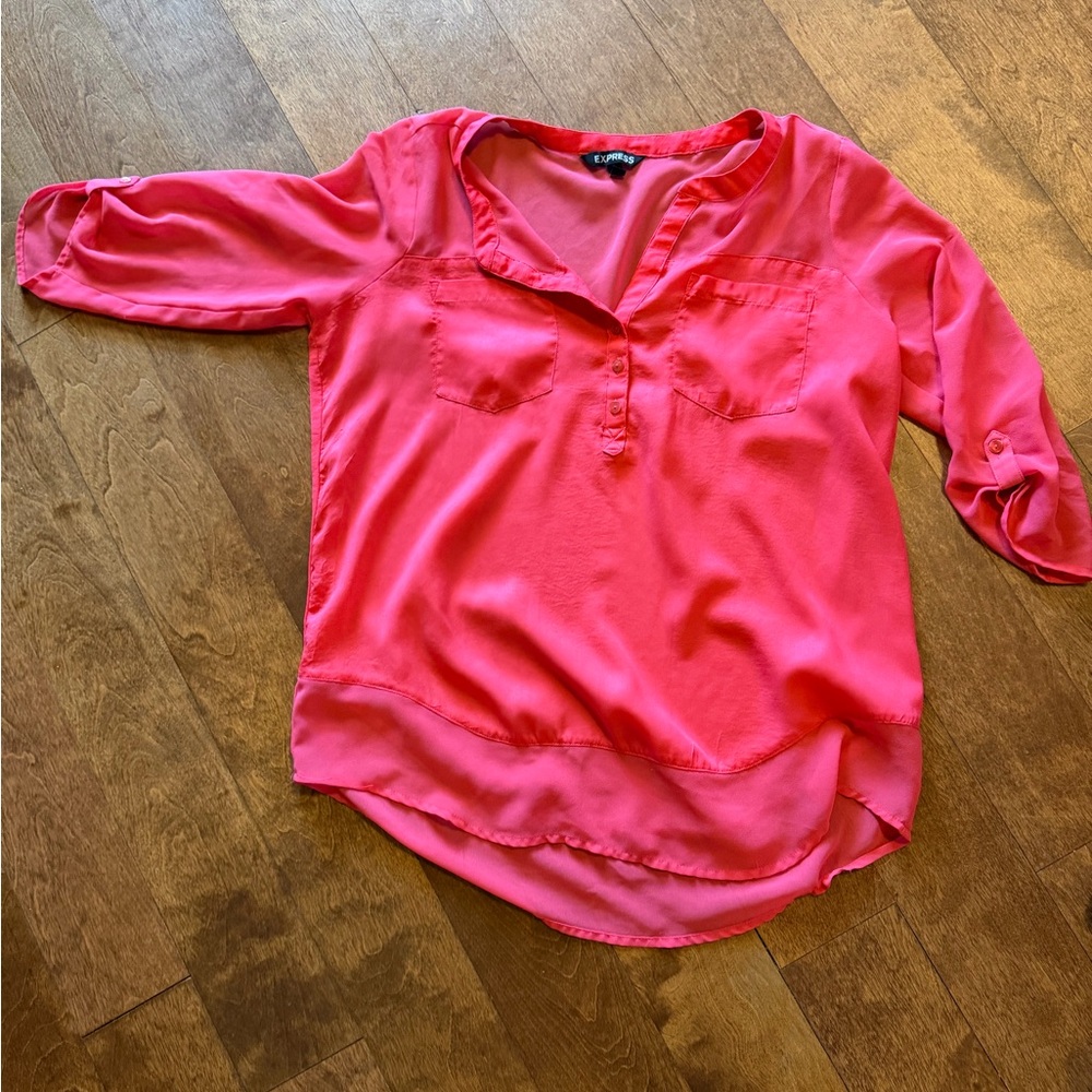 Express Bright Pink V-Neck Roll-Tab Blouse